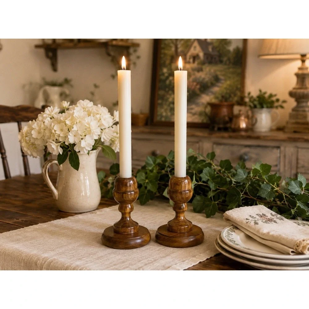 Vintage Pair Hand Turned Solid Wood Taper Candle Holders Rustic Farmhouse 4.5